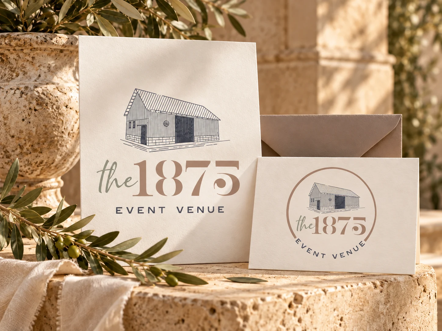The 1875 identity applied to an event stationery concept.