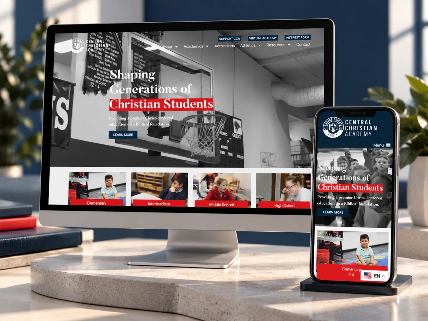 Central Christian Academy website shown on desktop and phone screens.