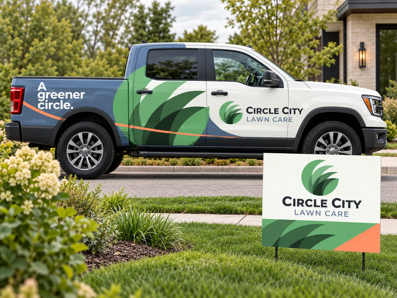 Circle City Lawn Care vehicle wrap and lawn sign concepts in green, slate and peach.