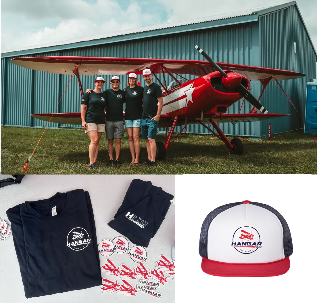 Hangar 100 aviation imagery and branded apparel.
