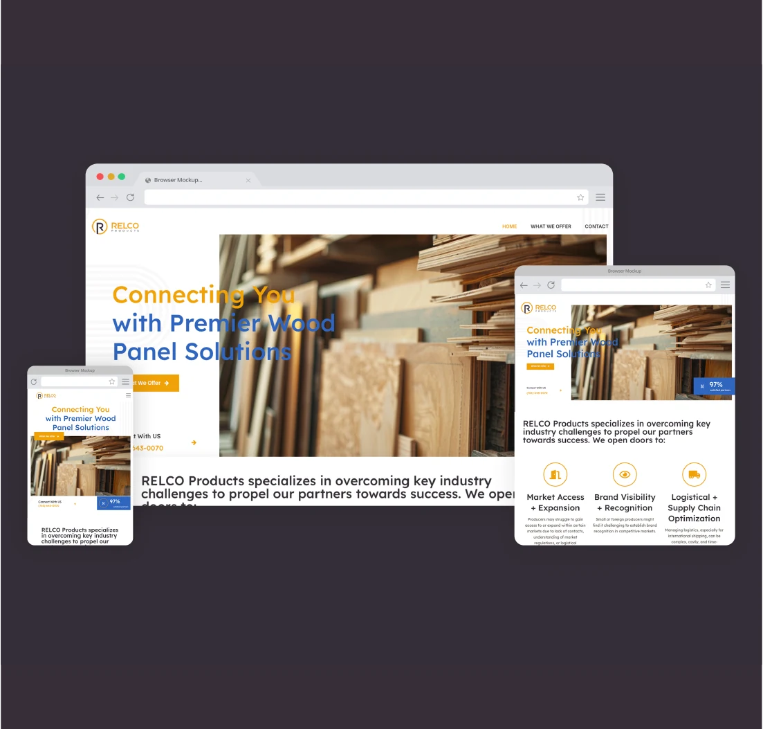 Relco Products website displayed on desktop and mobile screens.