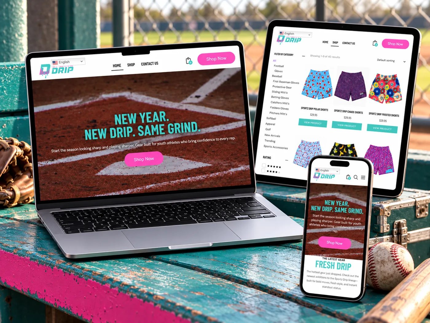 Sportz Drip website displayed on a laptop, tablet and phone.